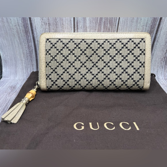 Gucci Handbags - GUCCI Diamante Zip Wallet Leather Canvas Bamboo Tassel Beige & Black w/ Dust Bag